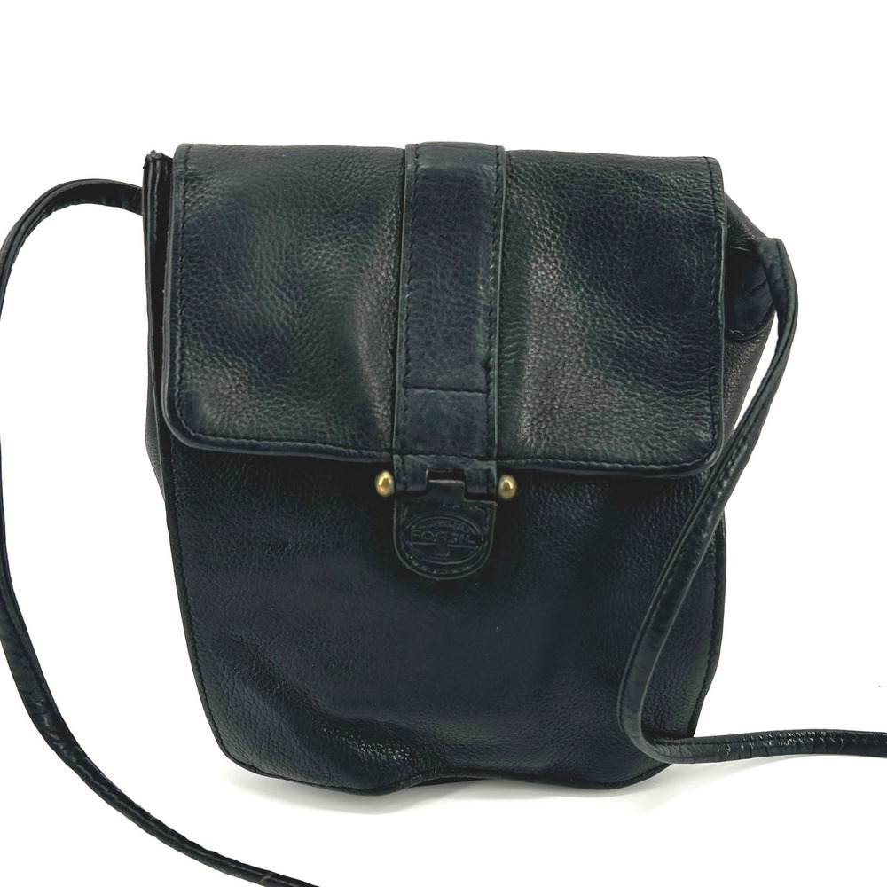Vintage 90s Fossil Black Leather Crossbody Bag Small Flap Square Shoulder Bag